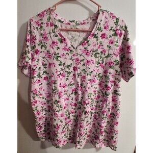 Woman Within Pink Floral Short Sleeve V-neck Blouse Sz 18/20